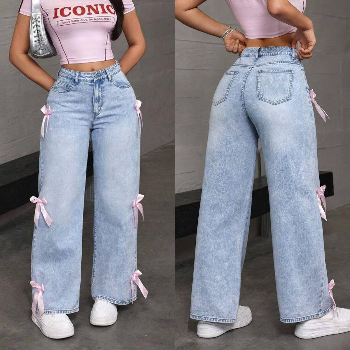 Women’s light blue wide-leg jeans with pink bowknot detail, high-waist style, shown from front and side views