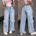 Women’s light blue wide-leg jeans with pink bowknot detail, high-waist style, shown from front and side views