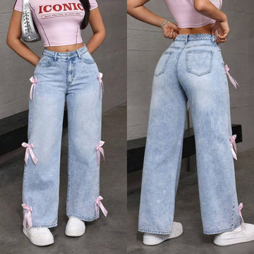Women’s light blue wide-leg jeans with pink bowknot detail, high-waist style, shown from front and side views