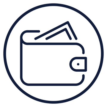 Line drawing of a wallet with money in a circular outline