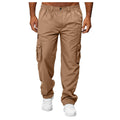 Beige cargo pants worn by a person on a white background