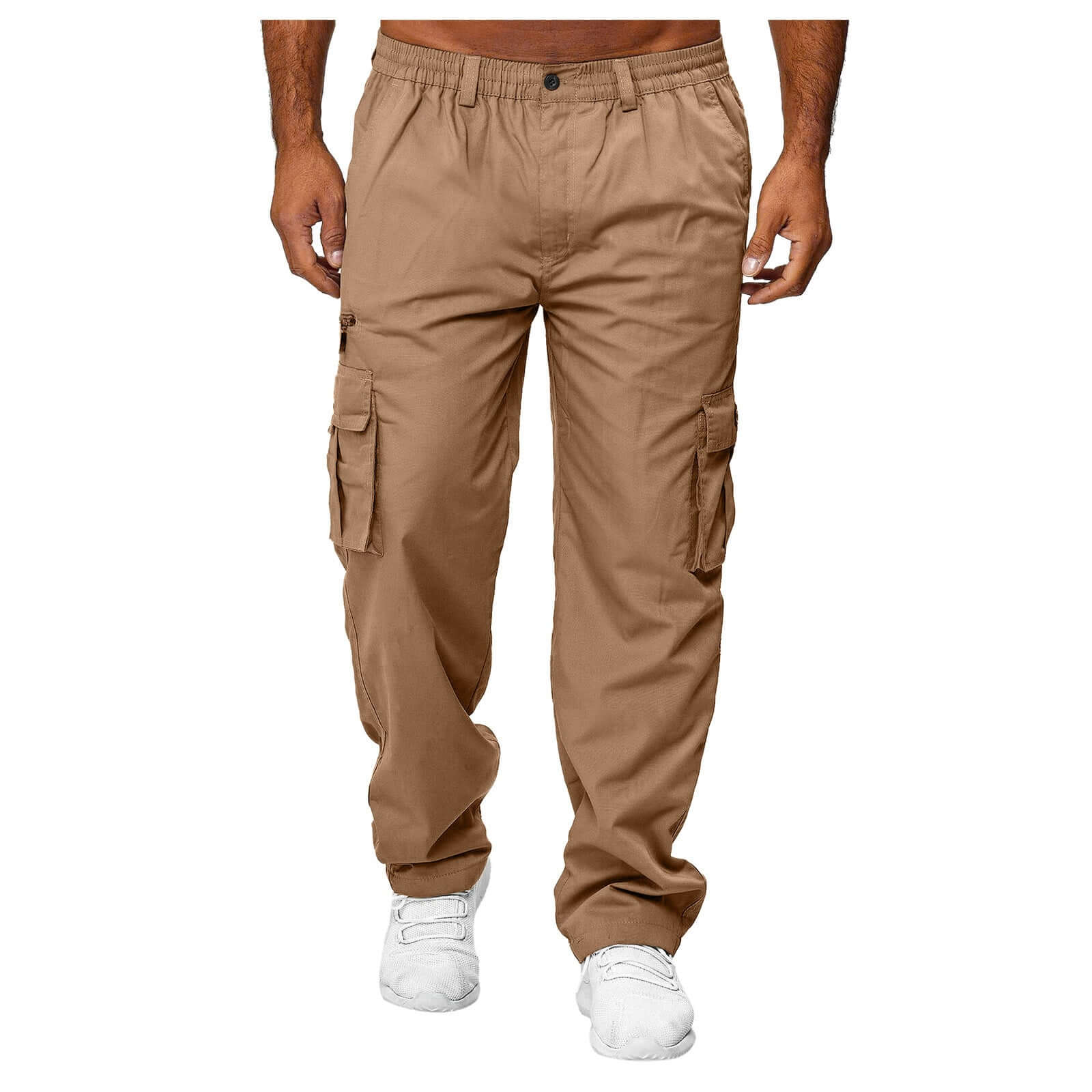 Beige cargo pants worn by a person on a white background