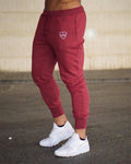 Men’s maroon jogger pants with brand logo on gray background – casual gym 