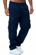 Navy blue cargo pants worn by a person on a white background