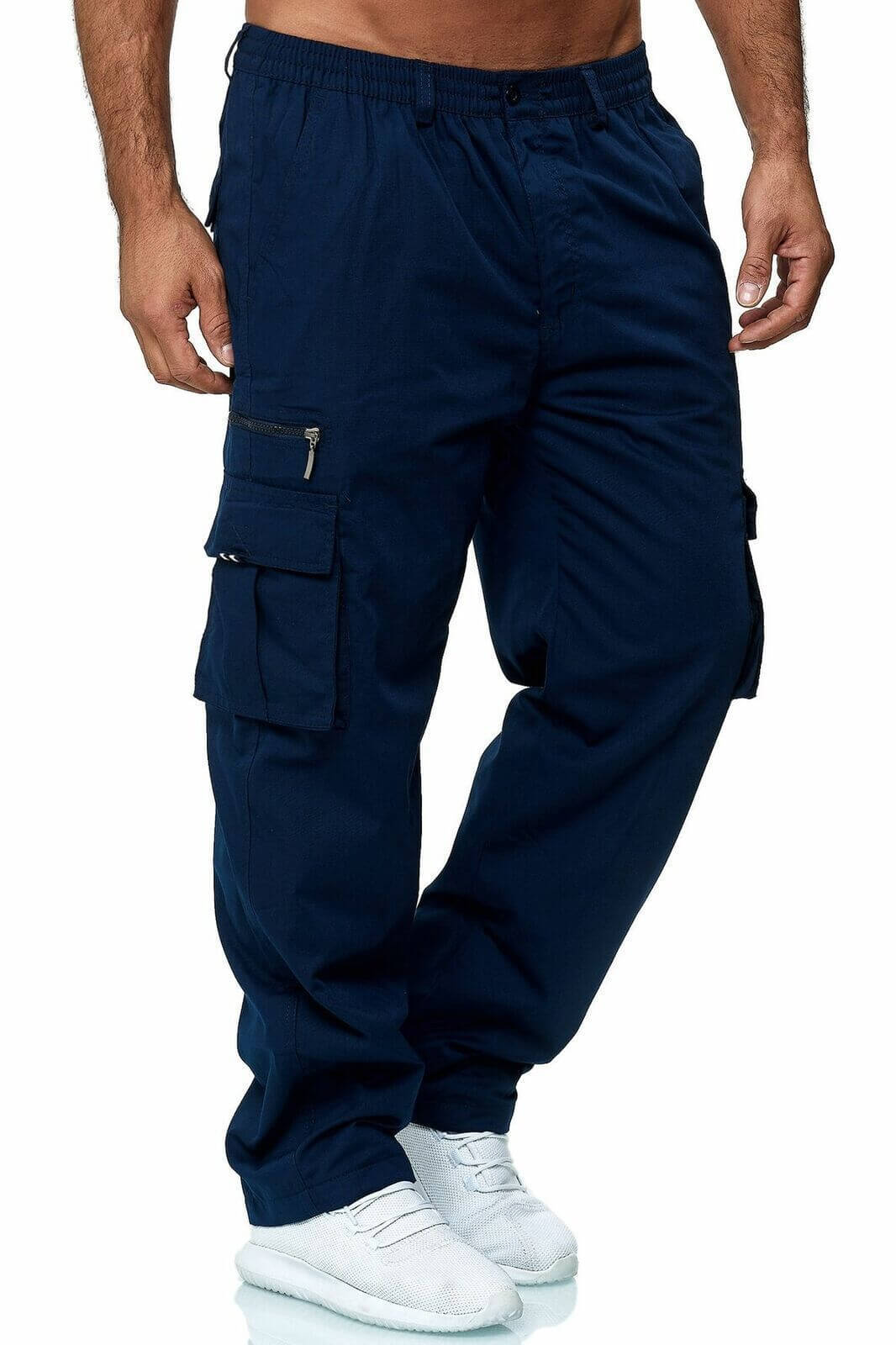 Navy blue cargo pants worn by a person on a white background