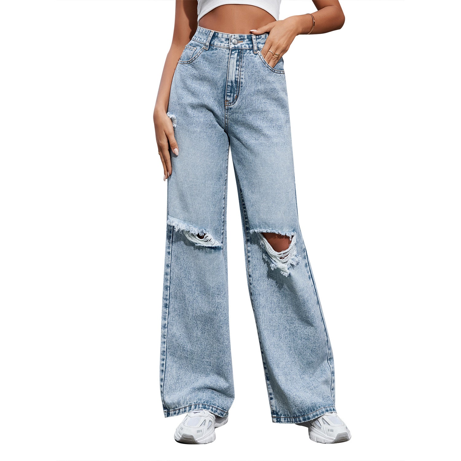 Women's high waist casual ripped jeans in light blue color displayed on a white background