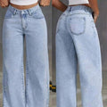 Front and back view of women’s light blue Korean-style straight jeans on a plain background.
