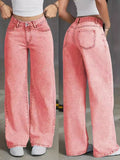 Front view of pink wide-leg jeans for women on a plain gray background.