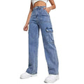 Women’s blue high-waisted wide-leg cargo jeans with multiple pockets, styled on a plain white background