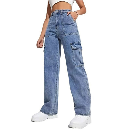 Women’s blue high-waisted wide-leg cargo jeans with multiple pockets, styled on a plain white background