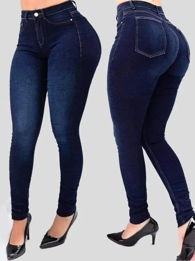 Women’s dark blue shaping skinny jeans – high waist stretch denim, slim fit style