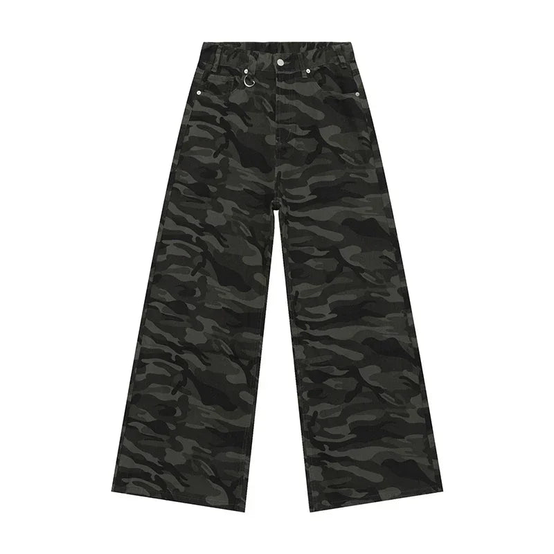 Black camouflage pants on a white background