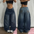 Pair of women’s wide-leg jeans shown from front and back, high-waist denim with a relaxed fit on a neutral background