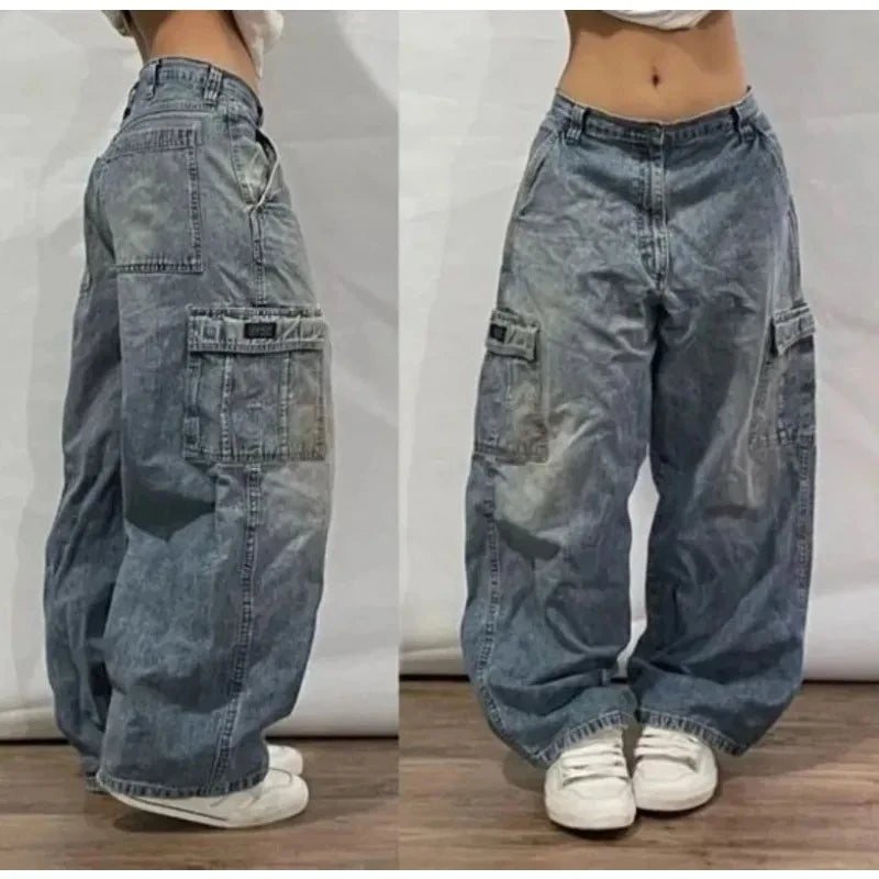 Pair of blue baggy jeans shown from front and side views on a plain background