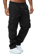 Black cargo pants worn by a person on a white background