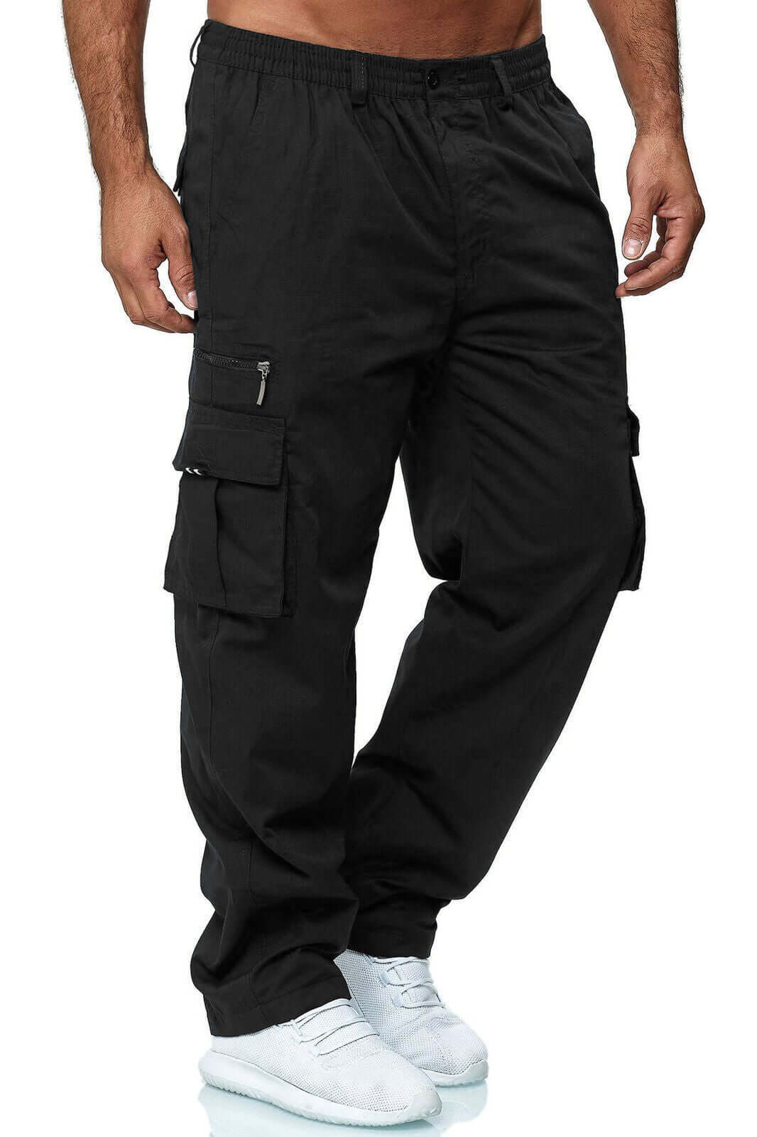 Black cargo pants worn by a person on a white background
