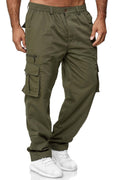Olive green cargo pants worn by a person on a white background
