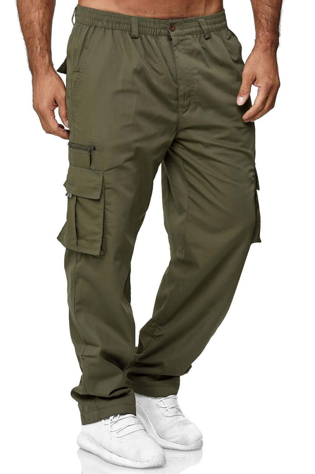 Olive green cargo pants worn by a person on a white background