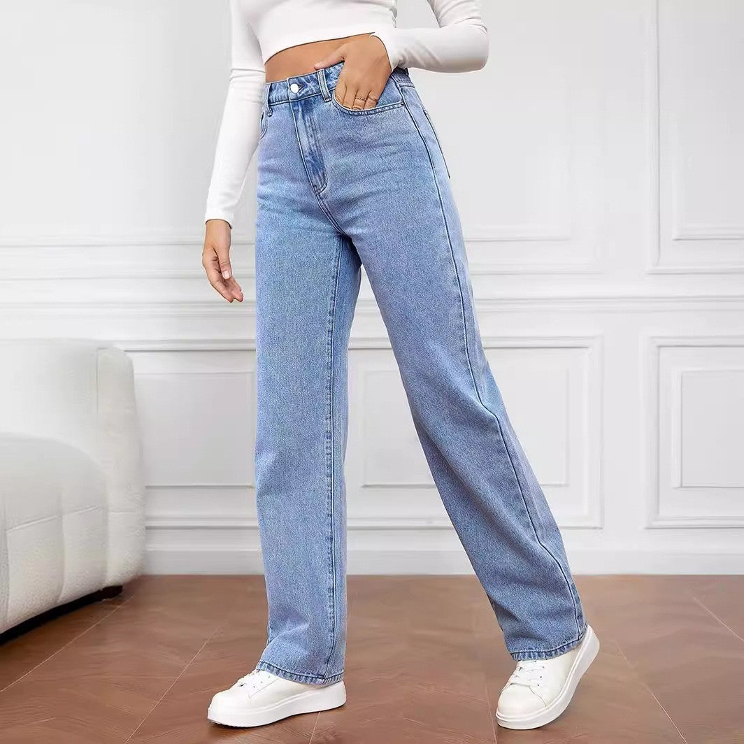 Classic Washed Denim Straight Jeans for Women – Comfortable Stretch Fit