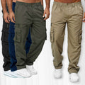 Men wearing black, blue, green, and beige cargo pants with multiple pockets on a white background