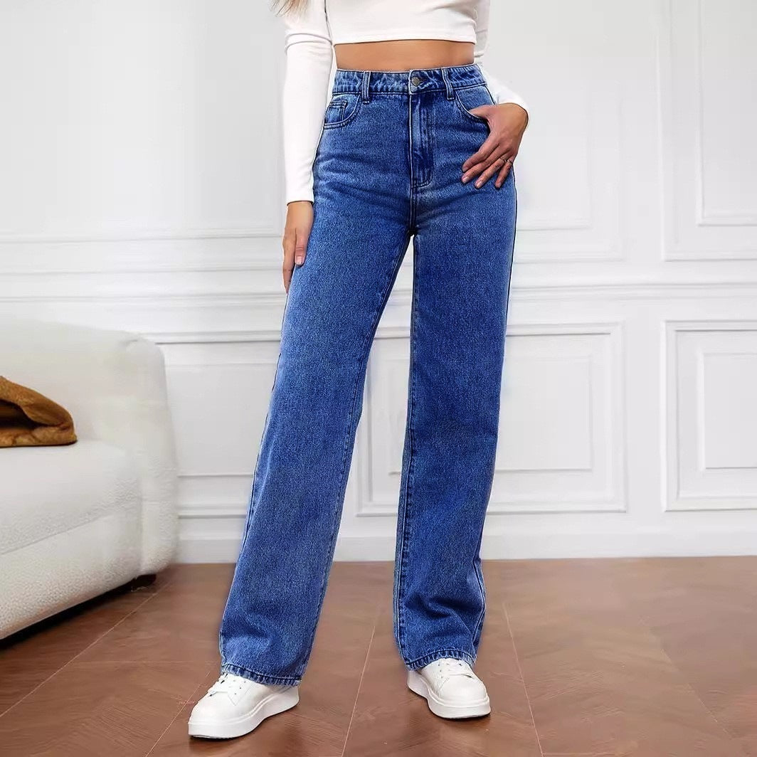 Classic Washed Denim Straight Jeans for Women – Comfortable Stretch Fit