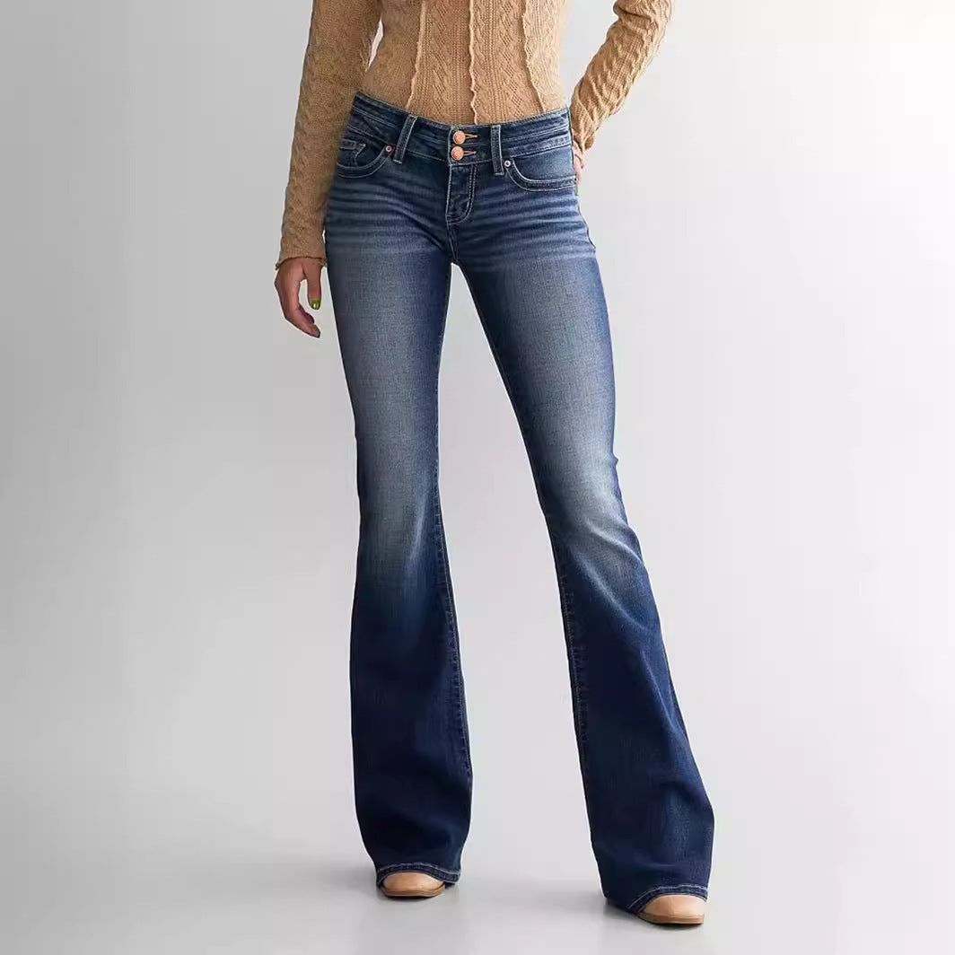 Women’s mid waist slim fit flared jeans in blue worn by a person on a plain background – JeansSpot”