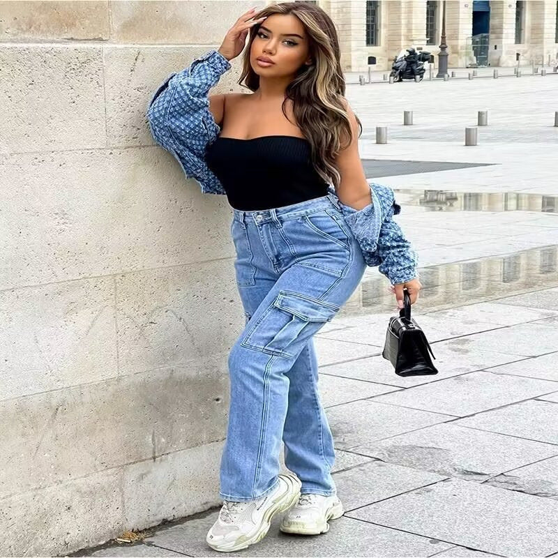 Women wearing blue wide-leg cargo denim jeans with multiple pockets and a black top in a stylish outfit