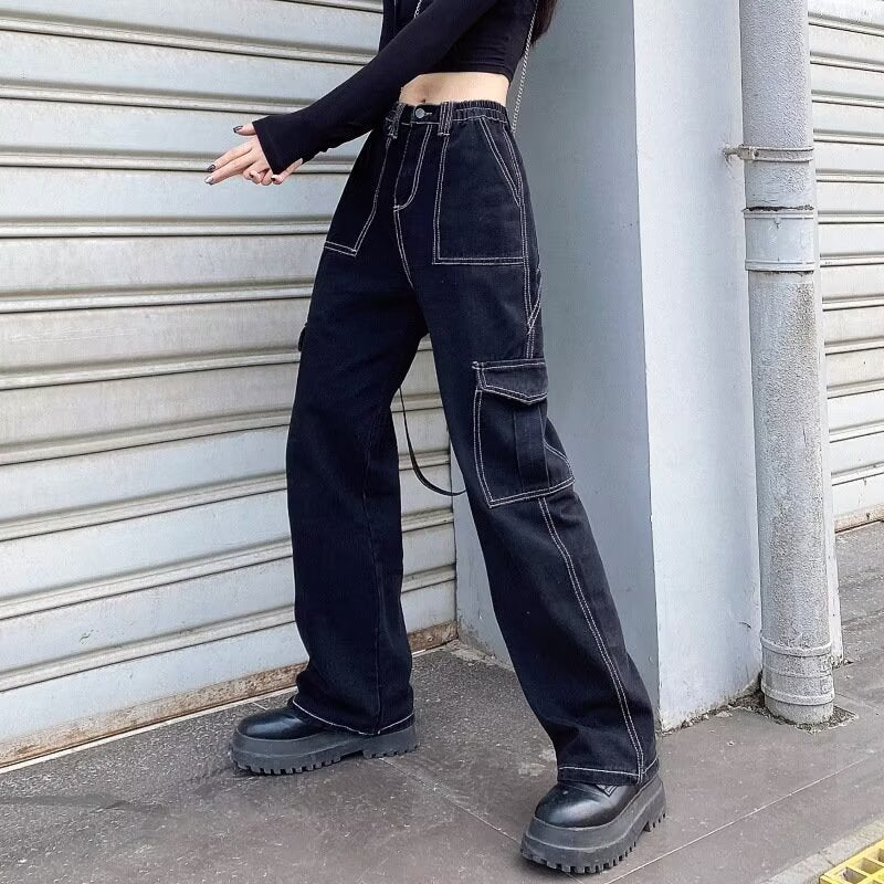 Women’s Utility Cargo Jeans – Wide Leg Denim with Multi Pockets
