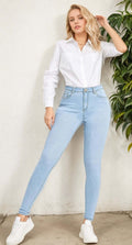 Front view of Women’s High-Rise Slim Fit Jeans in blue denim, stretchy and comfortable for everyday wear