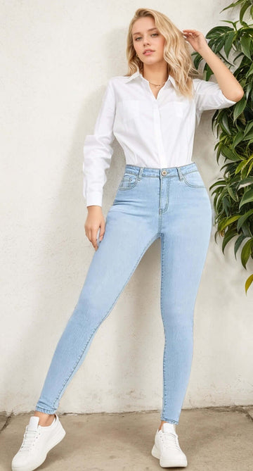 Front view of Women’s High-Rise Slim Fit Jeans in blue denim, stretchy and comfortable for everyday wear