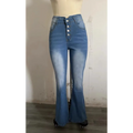 Blue high waisted bell bottom jeans displayed on a plain background